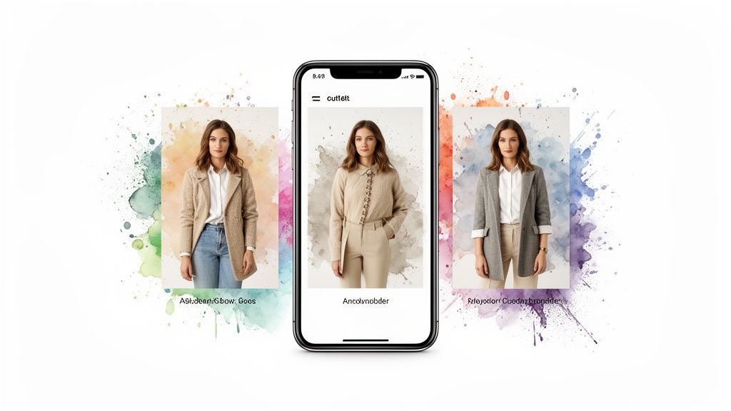 A smartphone displays a fashion app with three women showcasing stylish outfits on colorful watercolor backgrounds.