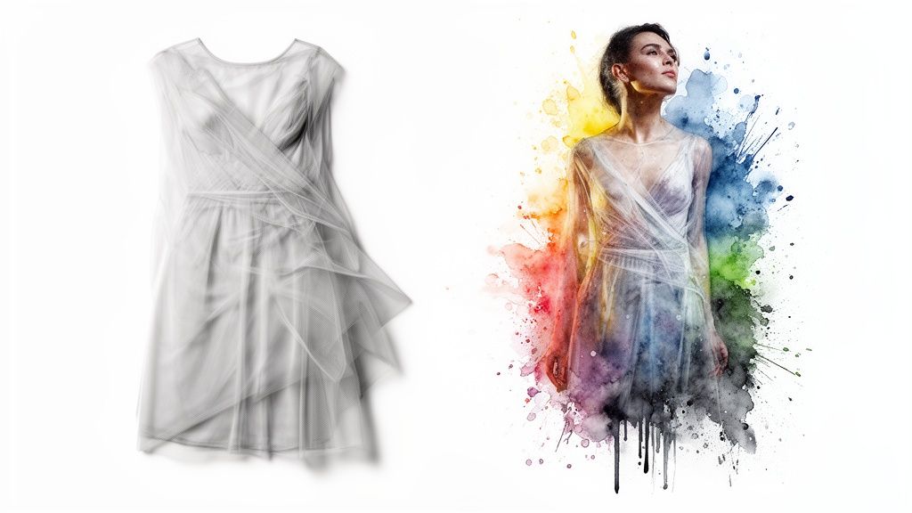 A sheer white dress shown plain and worn by a woman with vibrant watercolor splashes.
