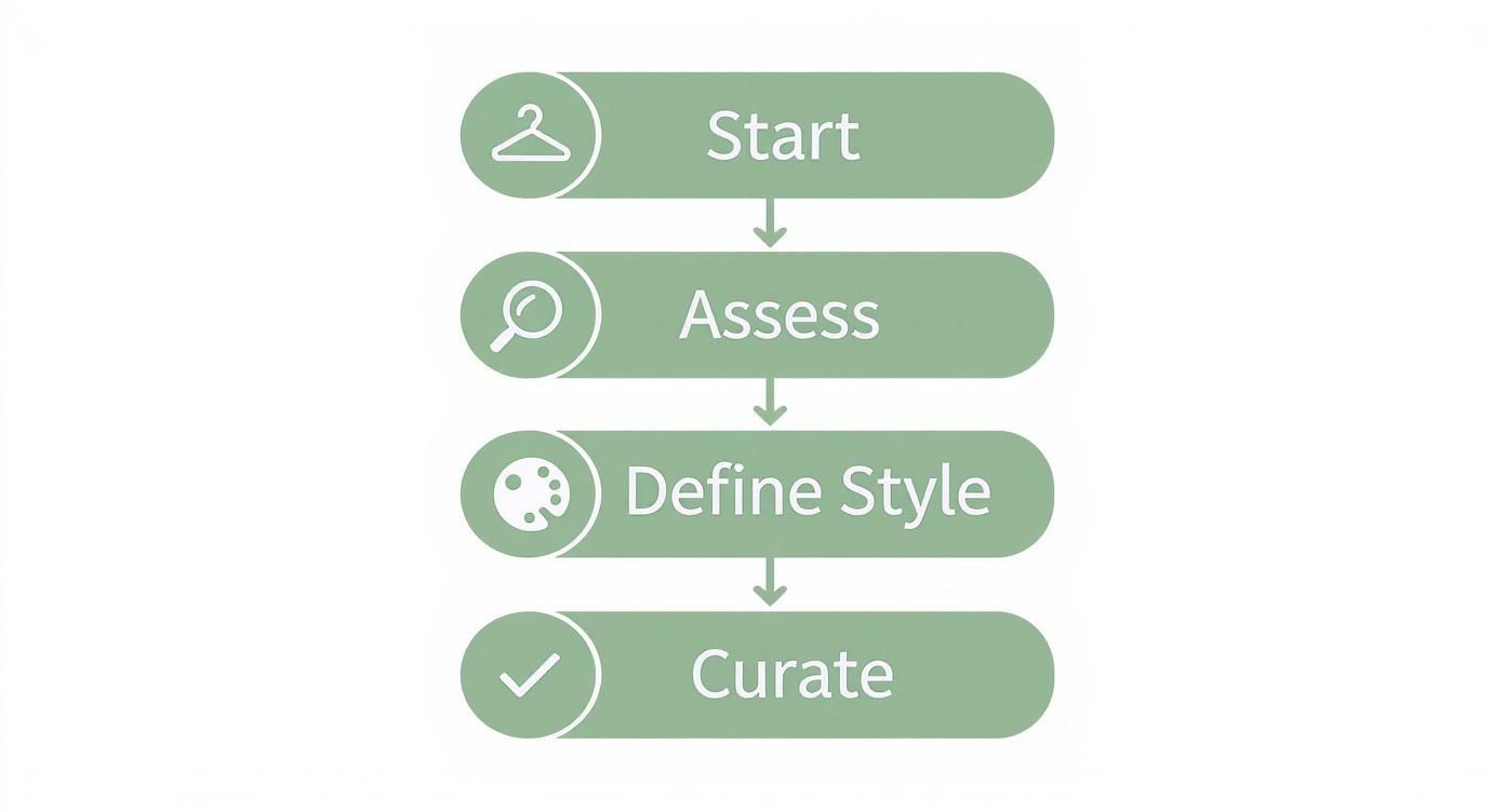 Green infographic showing steps to curate style: Start, Assess, Define Style, Curate.