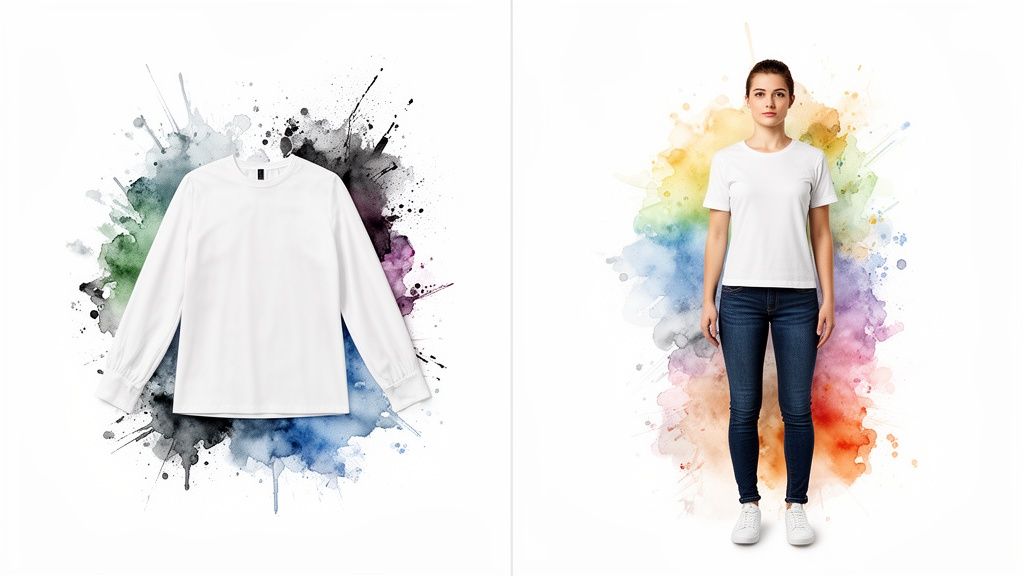 White long-sleeve shirt and woman in white t-shirt on vibrant watercolor splash backgrounds.
