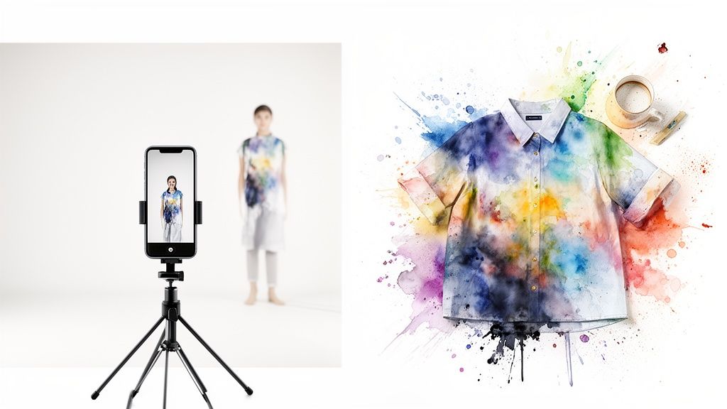 A smartphone on a tripod displays a model wearing a vibrant, artistic watercolor-patterned shirt, with a similar shirt flat-laid.