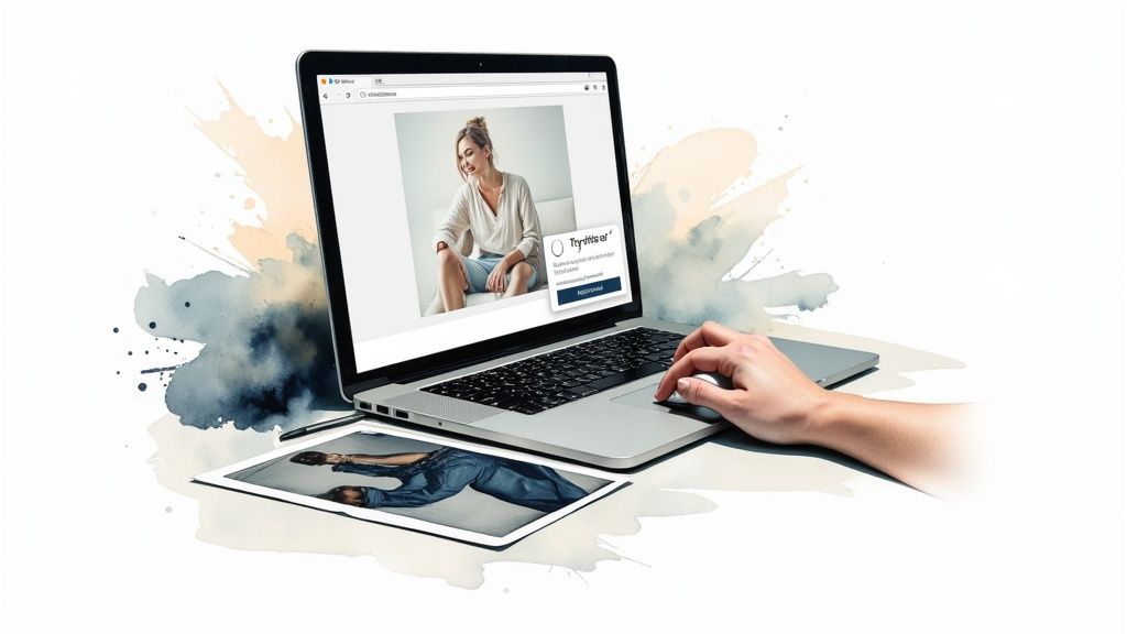 A hand uses a laptop displaying a woman trying on clothes online, with a tablet showing another outfit.