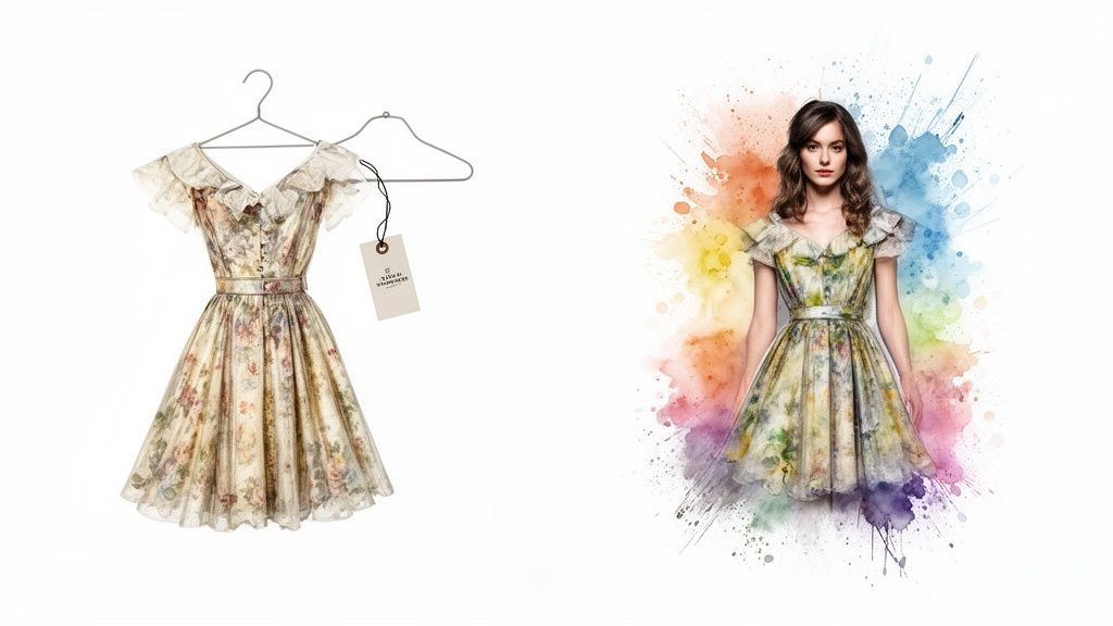A delicate floral dress, displayed on a hanger with a price tag and worn by a woman against a colorful watercolor background.