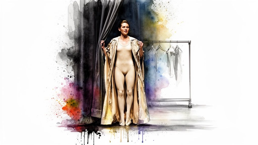 A woman in a golden robe and leotard emerging from behind curtains in an artistic watercolor style.