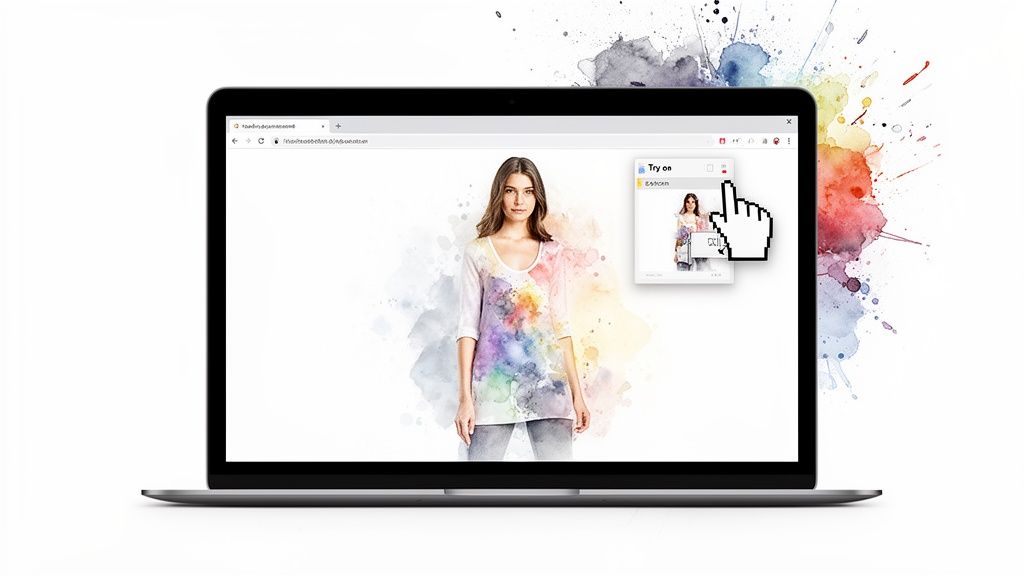 Laptop displaying a woman in a watercolor shirt and a 'Try on' virtual fitting window with a cursor.