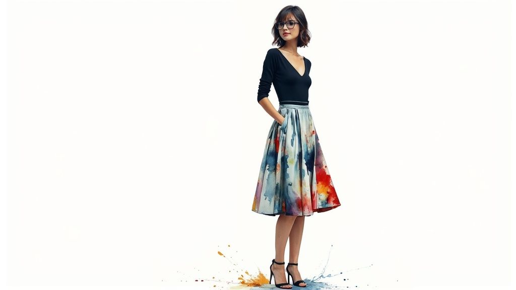 An inverted triangle body shape trying on a dress.