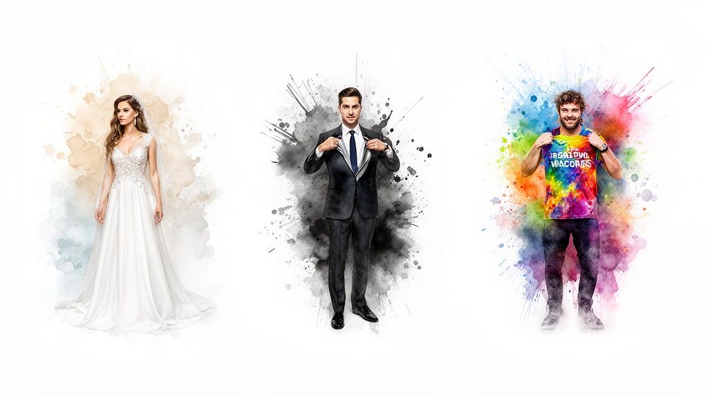 Three people showcasing quick style changes: a bride, a man in a suit, and a man in a tie-dye shirt.