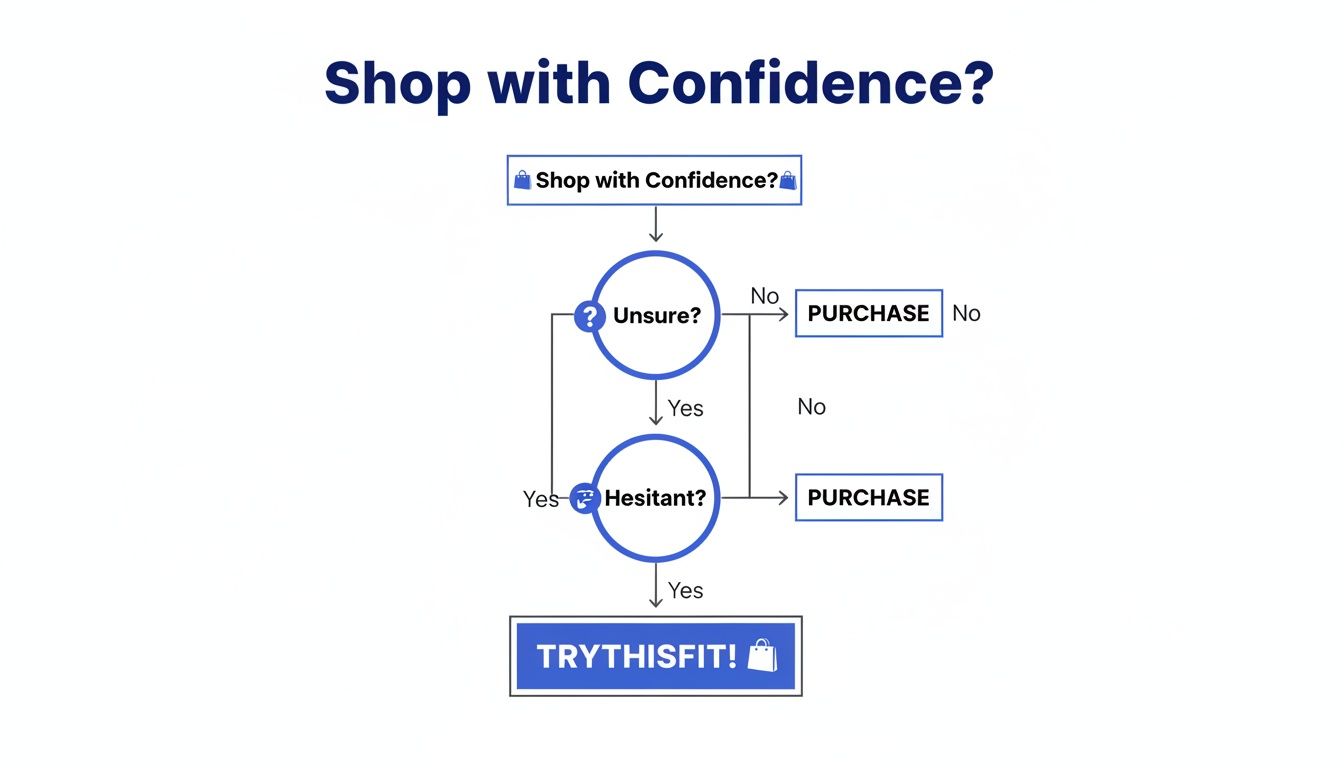 Flowchart guiding shopping decisions, addressing uncertainty and hesitation, suggesting "TRYTHISFIT!" as a solution.