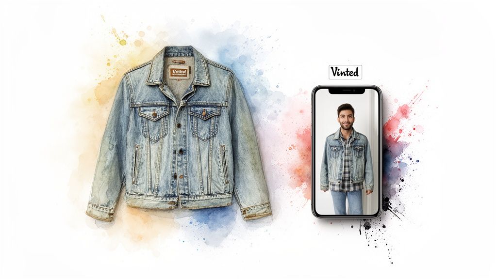 A watercolor denim jacket illustration next to a smartphone displaying a man wearing a similar jacket, Vinted logo.