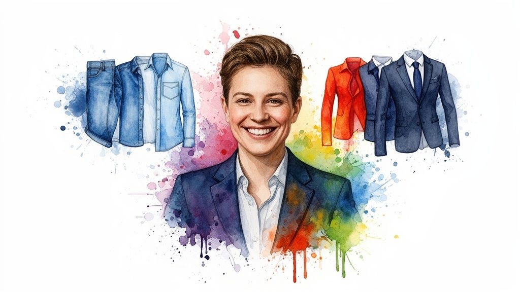 Watercolor illustration of a smiling person surrounded by various clothing styles, including jeans, shirts, and blazers.