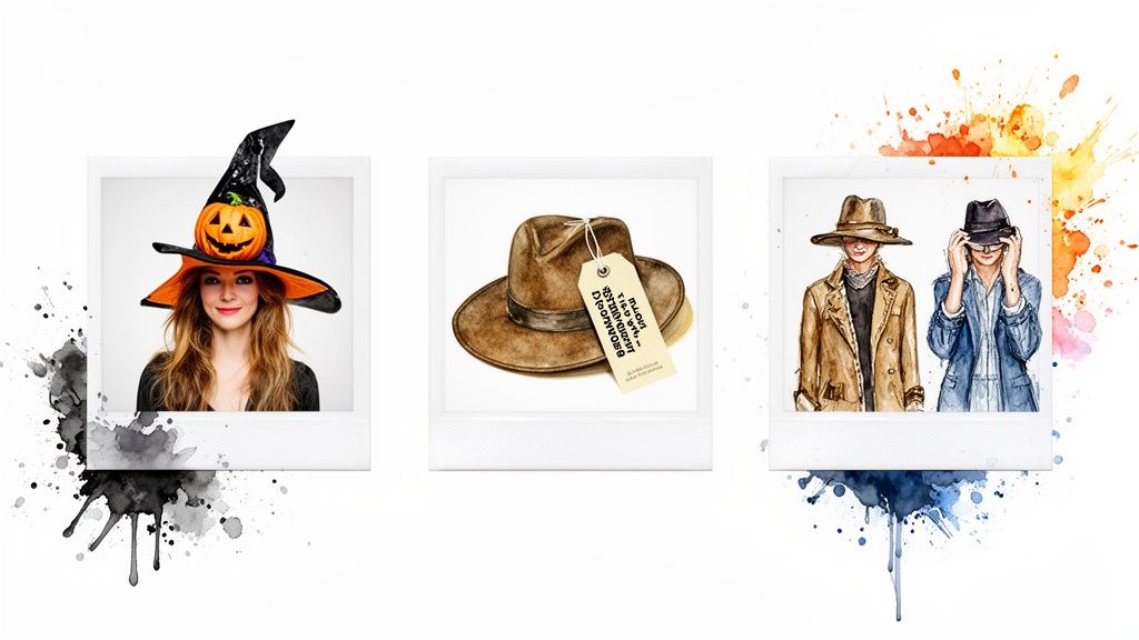 Three polaroid-style photos featuring different hats: a witch hat, a brown fedora, and two illustrated figures in stylish hats.