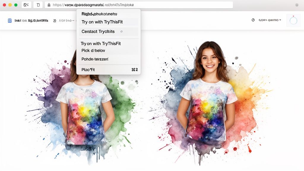Two young women virtually try on vibrant watercolor splatter t-shirts on an e-commerce website.