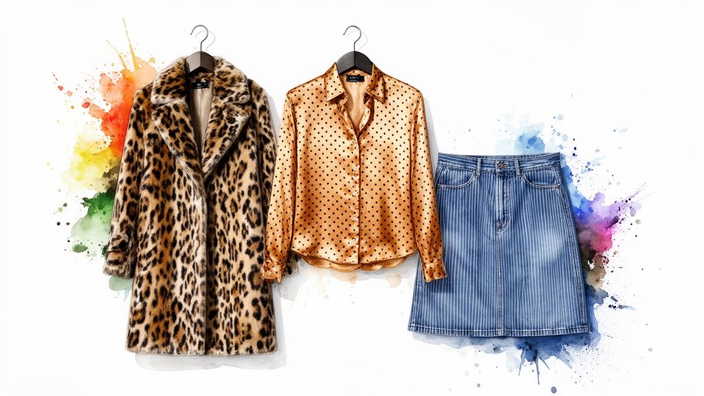 Three fashionable items: a leopard print coat, polka dot shirt, and striped denim skirt.