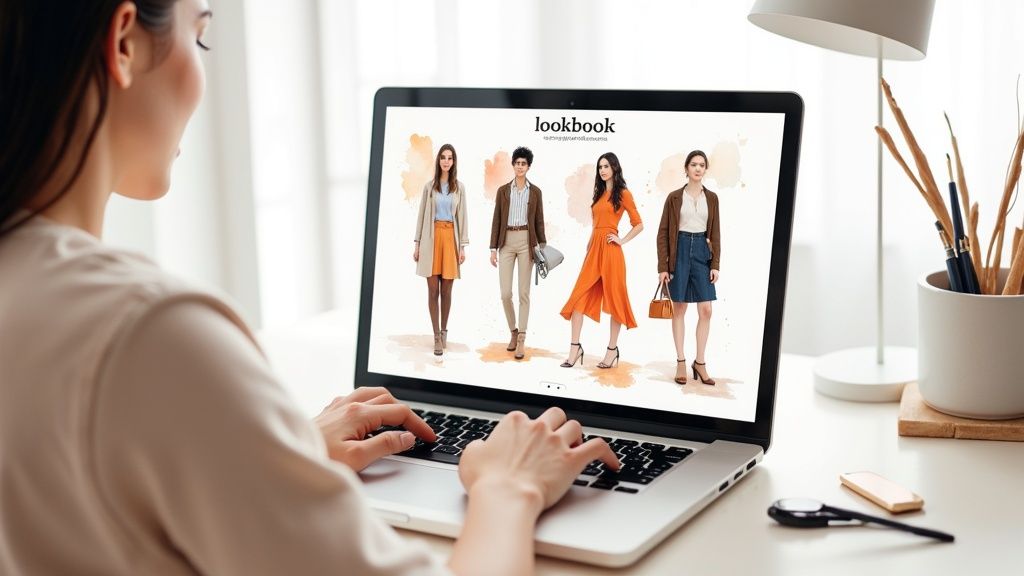 A woman uses a laptop to browse a fashion lookbook, displaying various outfits on screen.