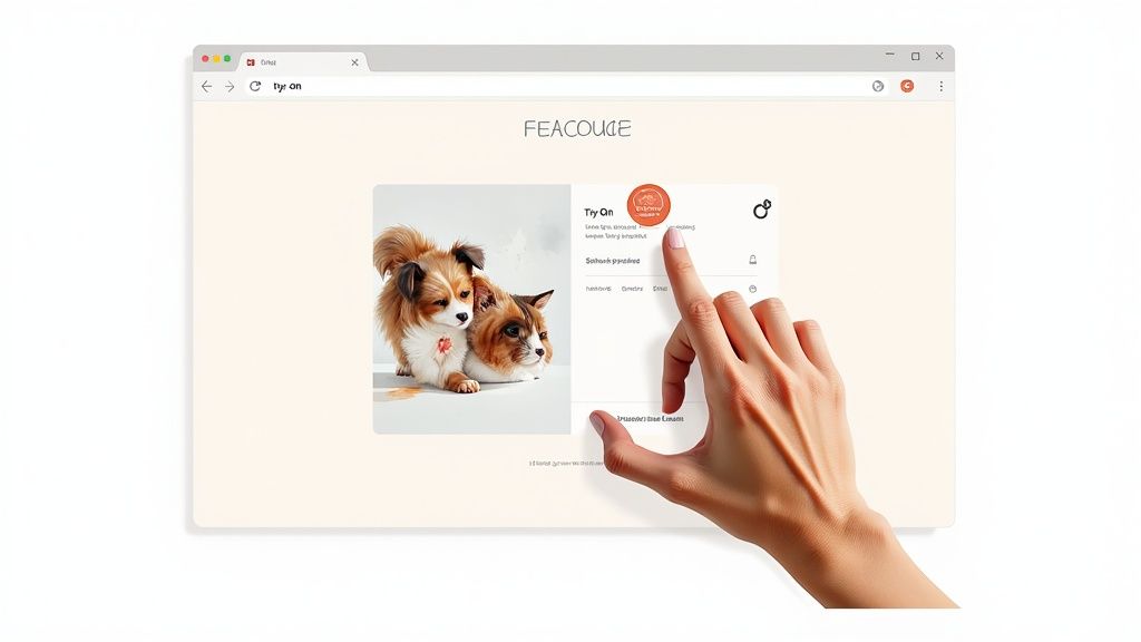A hand clicks 'Try On' in a browser showing adorable puppy and kitten images, suggesting virtual pet fashion.