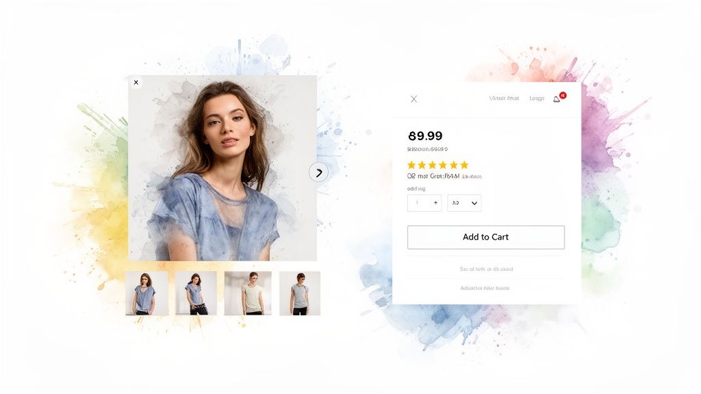 E-commerce product page displaying a woman modeling a blue top, with product details and 'Add to Cart' button.
