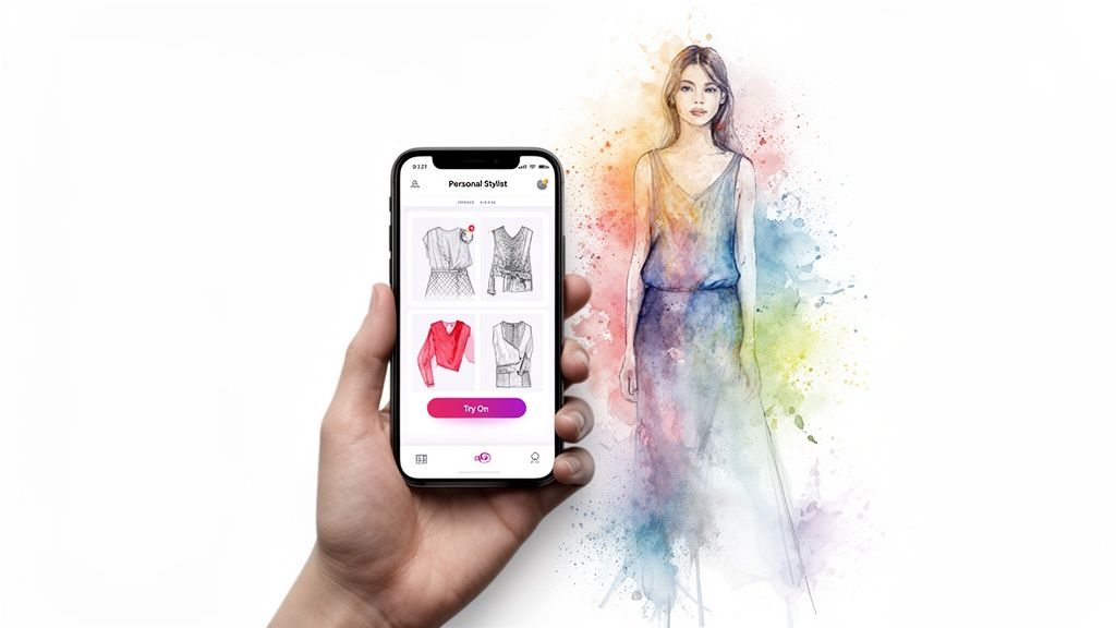 Hand holding smartphone with a personal stylist app and virtual try-on feature, next to a watercolor fashion illustration.