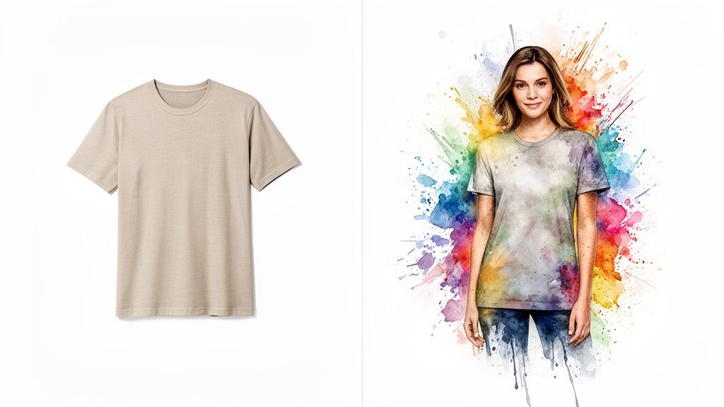 A plain tan t-shirt next to a woman modeling a vibrant watercolor paint-splatter t-shirt.