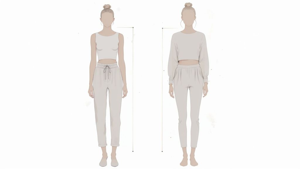 Woman balancing proportions by wearing a cropped jacket with high-waisted trousers