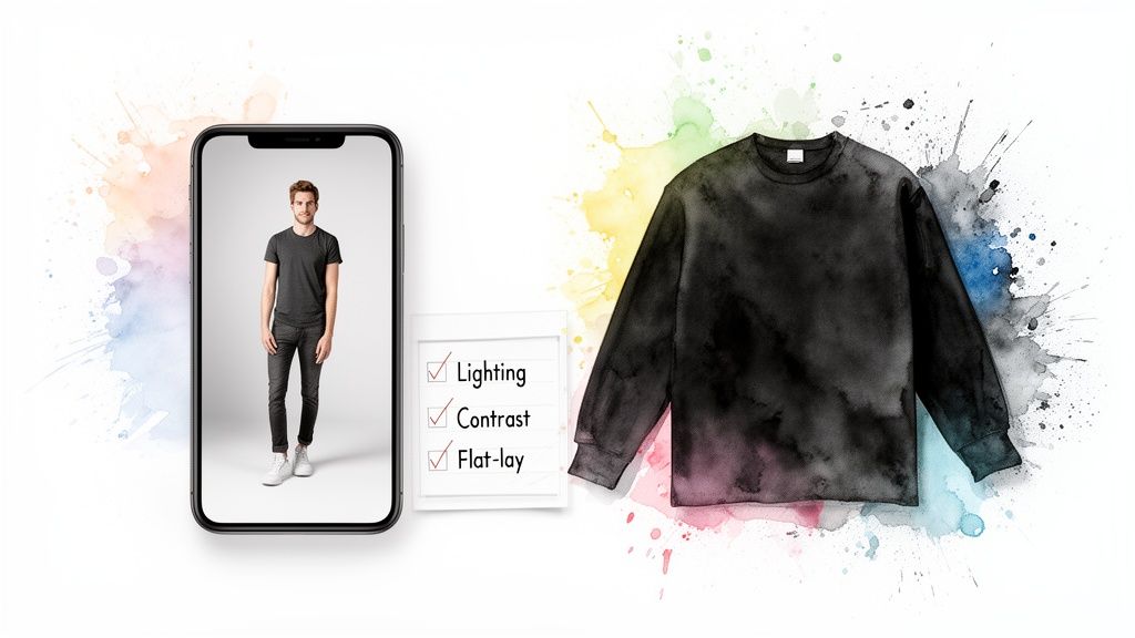 Smartphone displays model, alongside a checklist for optimized lighting and contrast, and a flat-lay shirt.