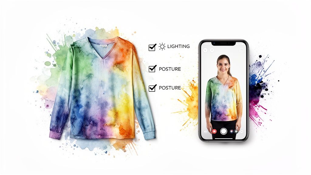 A colorful tie-dye shirt and a smartphone app checking lighting and posture for virtual try-on.