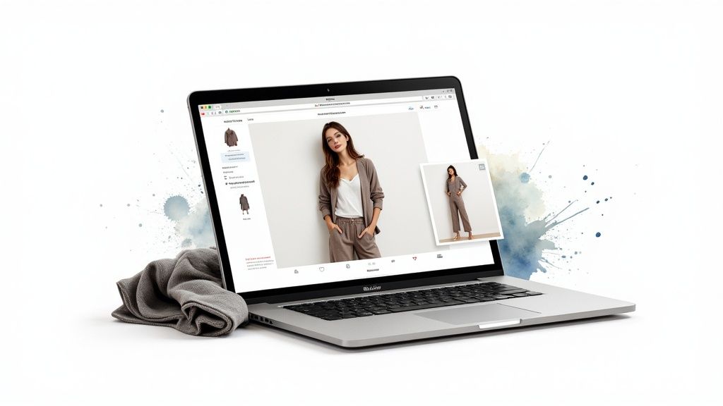 Laptop displaying an online clothing store website with a woman in a brown outfit and various apparel items.
