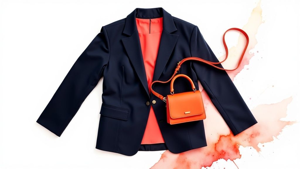 A navy blue blazer over a coral top with a matching orange handbag on a white background.
