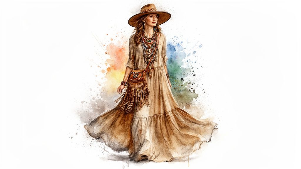 Watercolor illustration of a woman in a flowing bohemian dress, wide-brimmed hat, and fringed crossbody bag, with colorful splashes.
