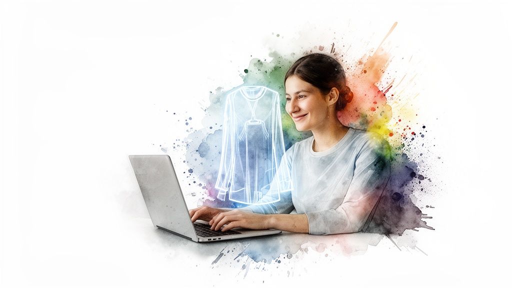 Woman on laptop with a holographic garment, surrounded by vibrant watercolor art, depicting virtual try-on.