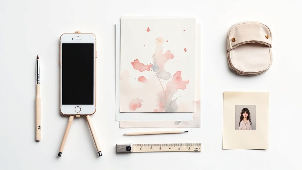 Flat lay photography composition featuring smartphone, watercolor artwork, stationery, and accessories on white background