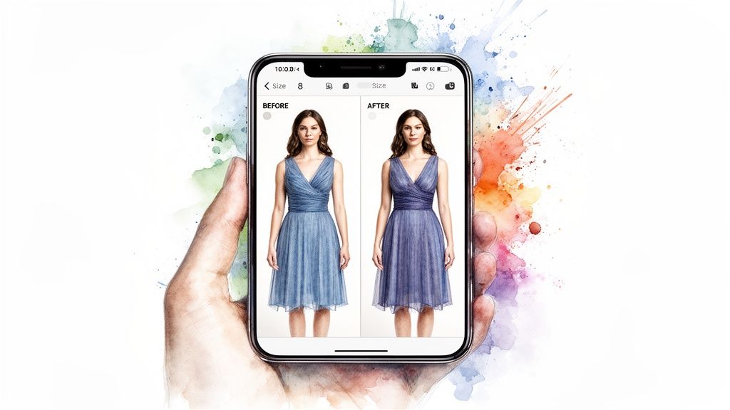 A hand holds a smartphone showing a 'Before' and 'After' comparison of a woman in blue and purple dresses.