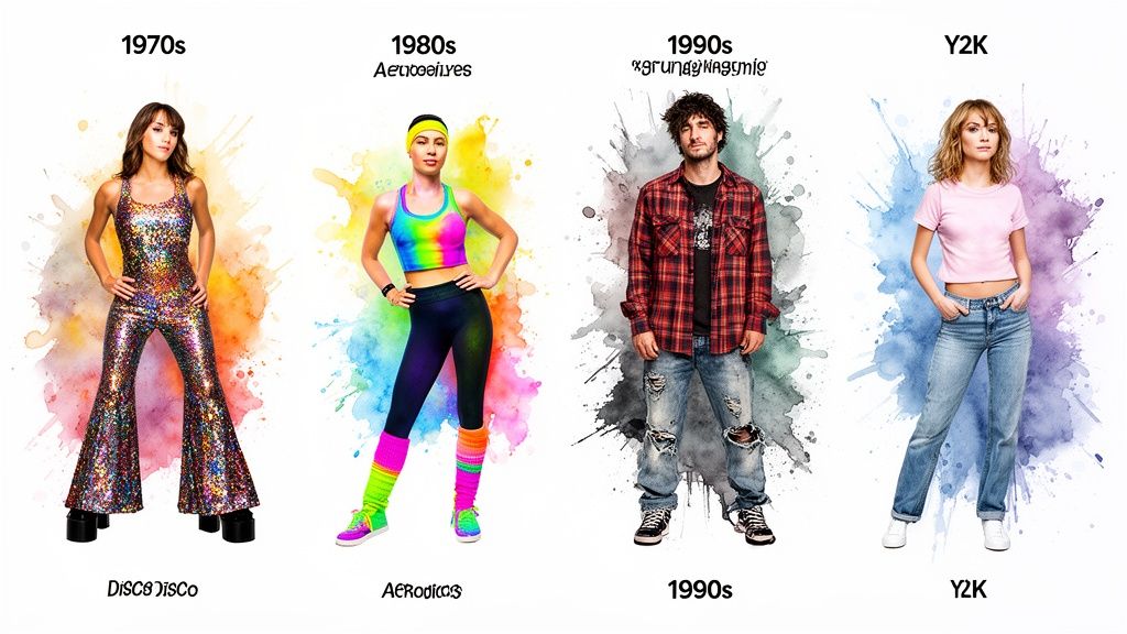 Four models showcasing disco, aerobics, grunge, and Y2K fashion trends across different decades.