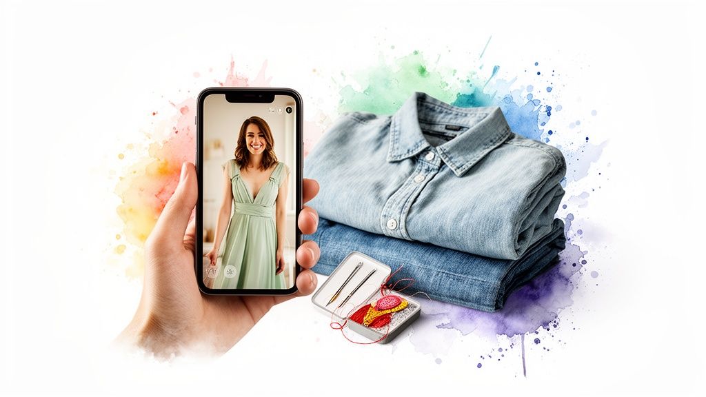Hand holding a smartphone displaying a woman in a dress, with folded denim clothes and a sewing kit.