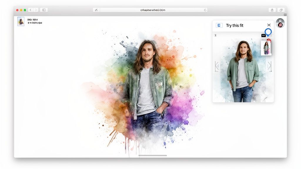 A man with long hair, wearing a green shirt and jeans, featured in a virtual fashion try-on application.