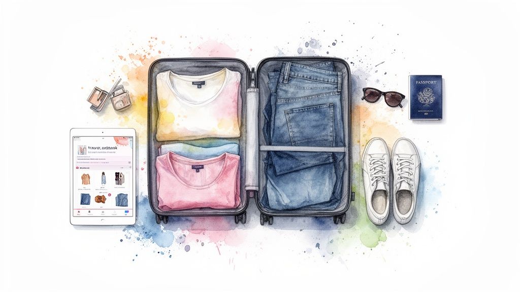Watercolor illustration of travel essentials: packed suitcase, iPad, passport, sunglasses, makeup, and sneakers.