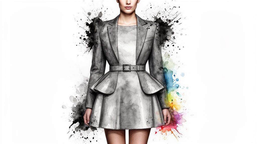 A vibrant fashion illustration of a woman in a grey peplum jacket and dress with colorful watercolor splatters.