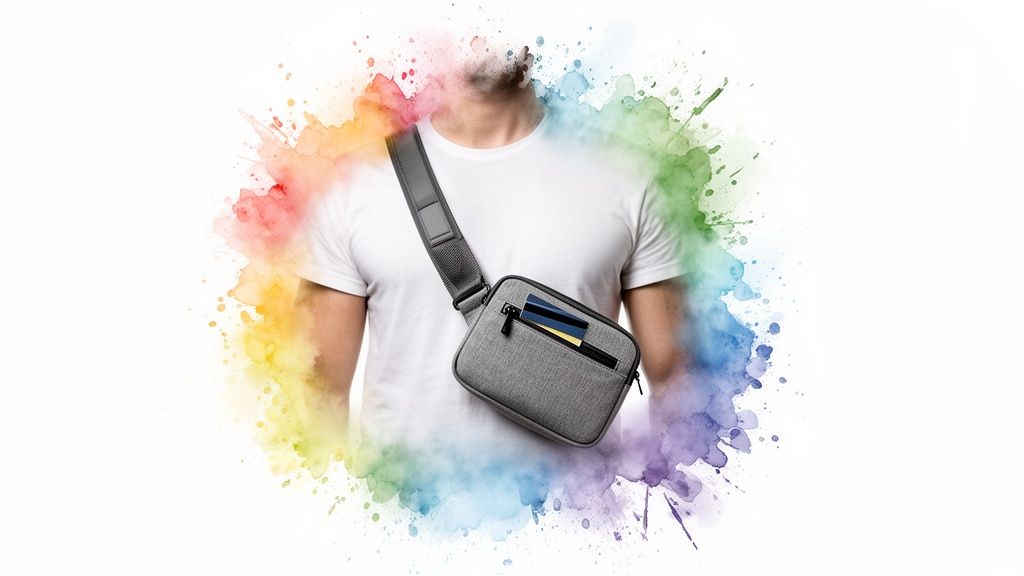 Man wearing a white t-shirt and grey cross-body bag with cards, surrounded by colorful splashes.