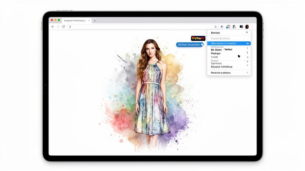 Tablet showing a website with a woman in a vibrant watercolor dress and a browser menu.