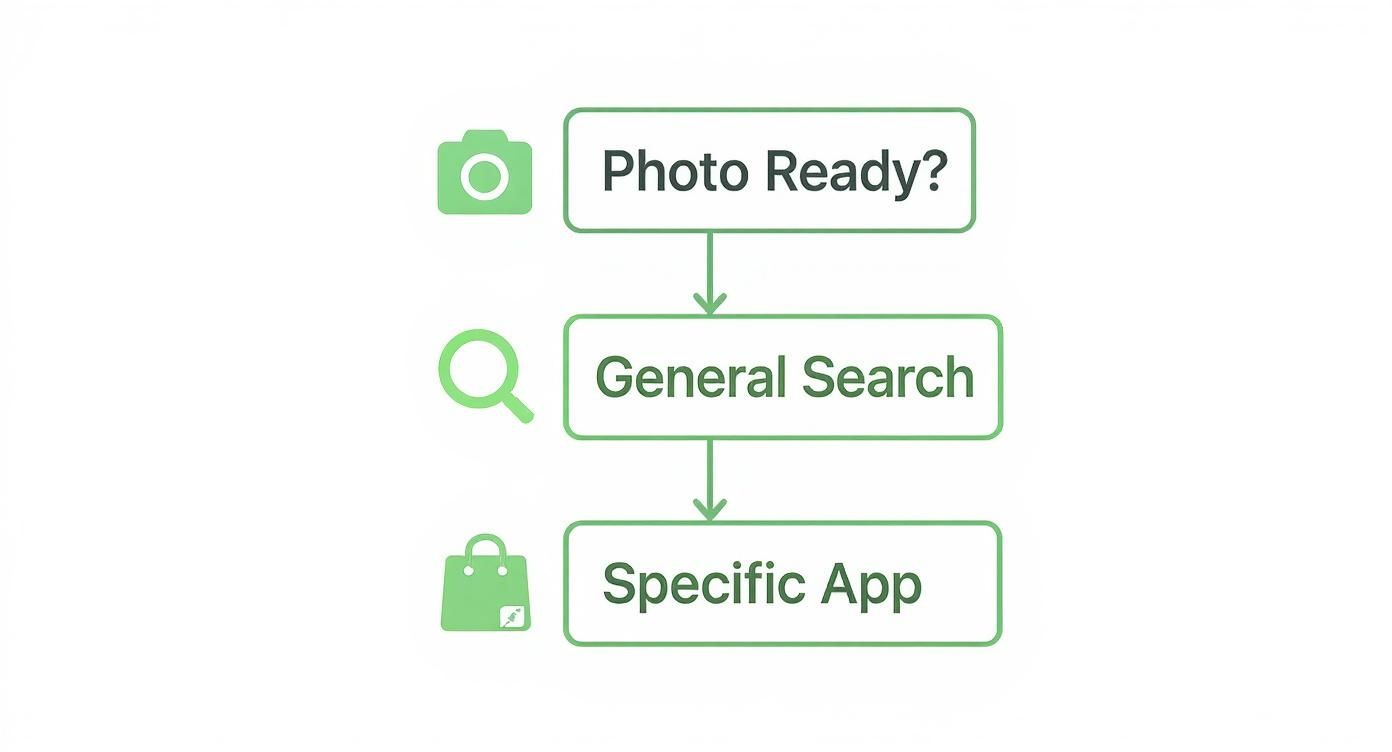Flowchart illustrating steps to find items using visual search: Photo Ready?, General Search, Specific App.