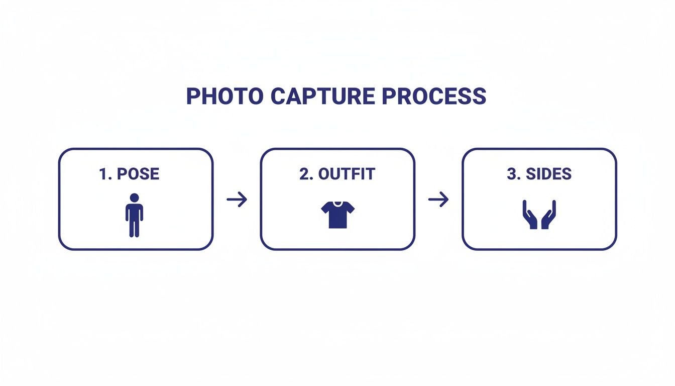 Infographic showing a three-step photo capture process: 1. Pose, 2. Outfit, and 3. Sides.