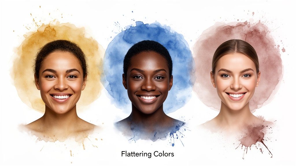 Three smiling women with diverse skin tones, each framed by a watercolor splash of flattering colors.