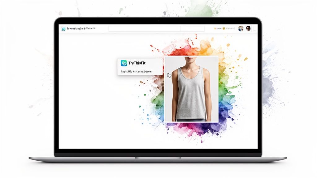 A laptop screen displays a 'TryThisFit' app with a grey tank top on a colorful watercolor background.