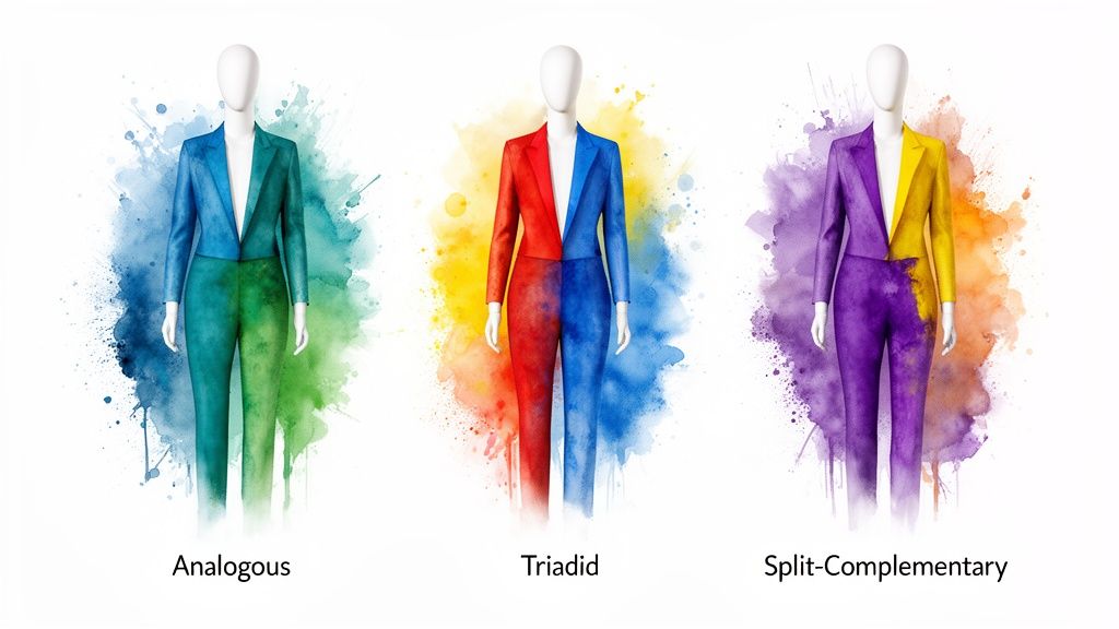 Three mannequins display various color theory schemes: analogous, triadic, and split-complementary, in watercolor suits.