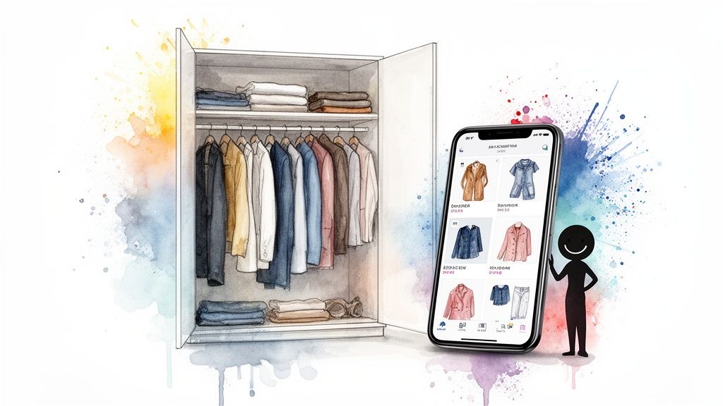 A digital closet app on a smartphone displaying clothing options next to an open wardrobe.