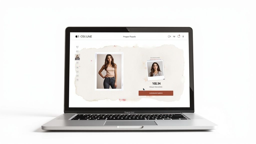 A laptop displays a personal styling app, showcasing two photos of a woman with payment details.