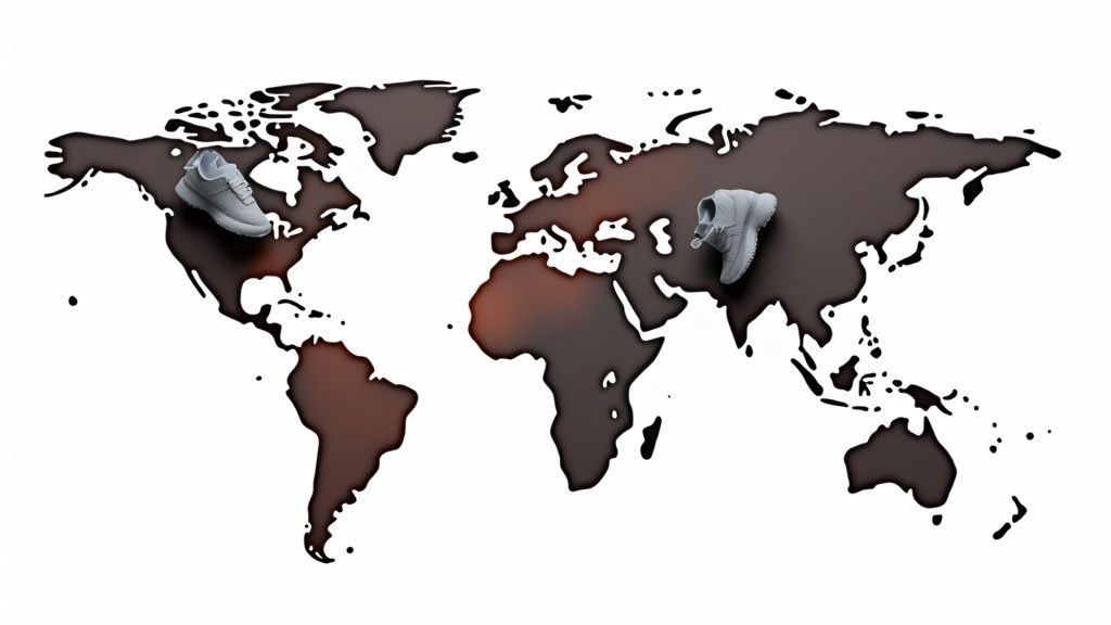 Two light grey sneakers placed on a liquid world map, symbolizing global footwear distribution.