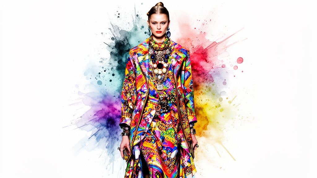 A fashion model in a vibrant, multi-patterned outfit with ornate jewelry against a colorful watercolor splash background.
