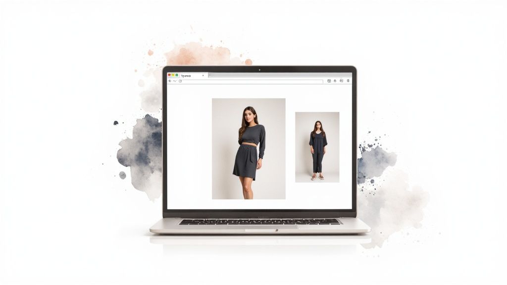 A silver laptop displays an e-commerce website with two models showcasing dark grey casual clothing.