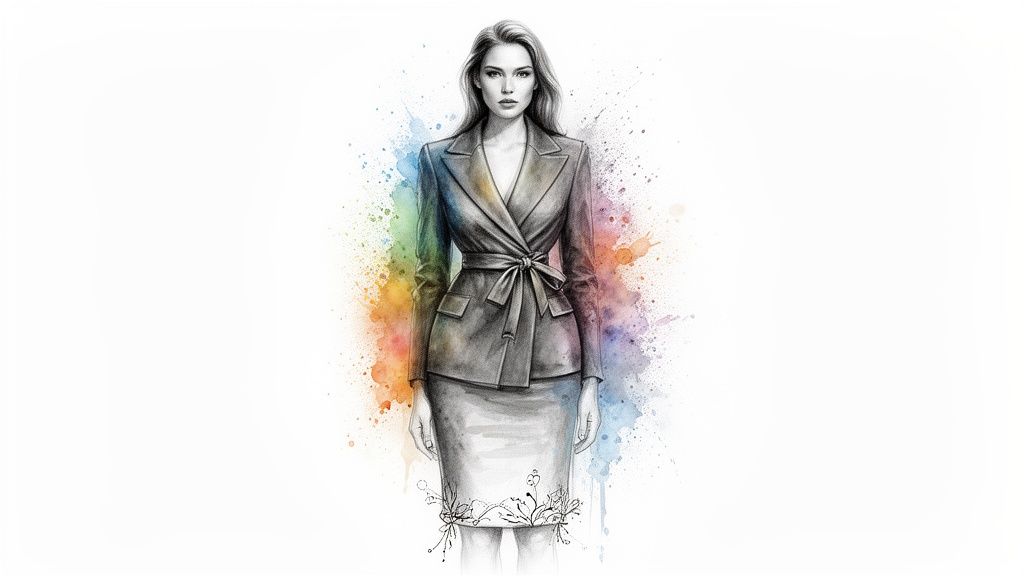A stylish fashion illustration of a woman in a tied blazer and skirt with a colorful watercolor background.
