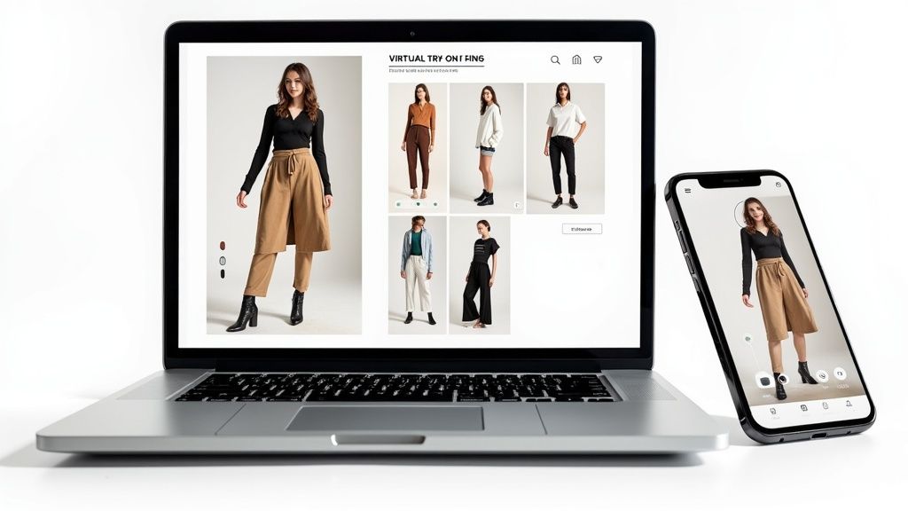 A woman virtually tries on clothes on a laptop and smartphone screen, demonstrating fashion technology.